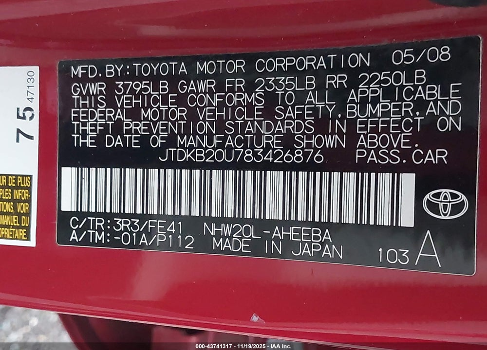 2008 TOYOTA PRIUS VIN: JTDKB20U783426876