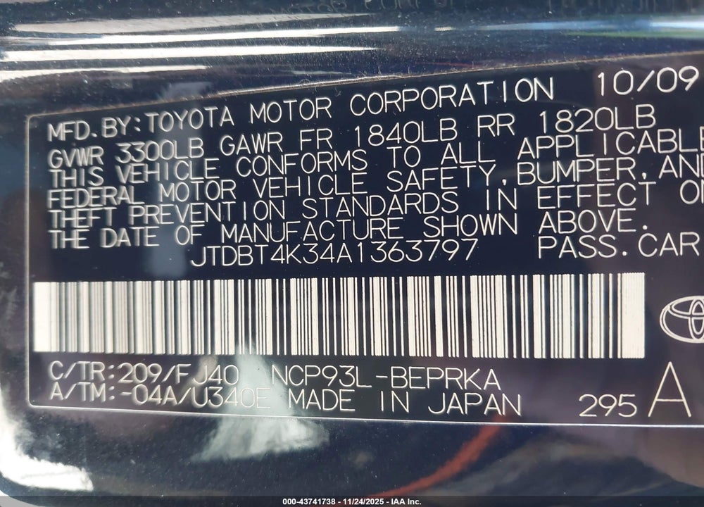2010 TOYOTA YARIS VIN: JTDBT4K34A1363797