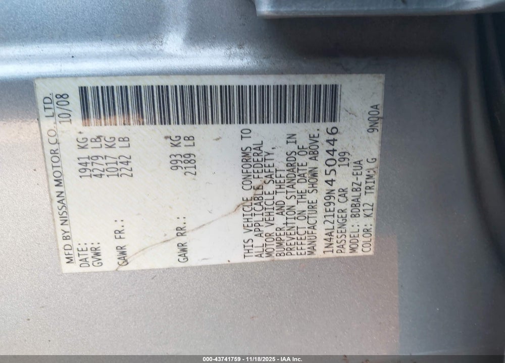 2009 NISSAN ALTIMA 2.5 S VIN: 1N4AL21E99N450446