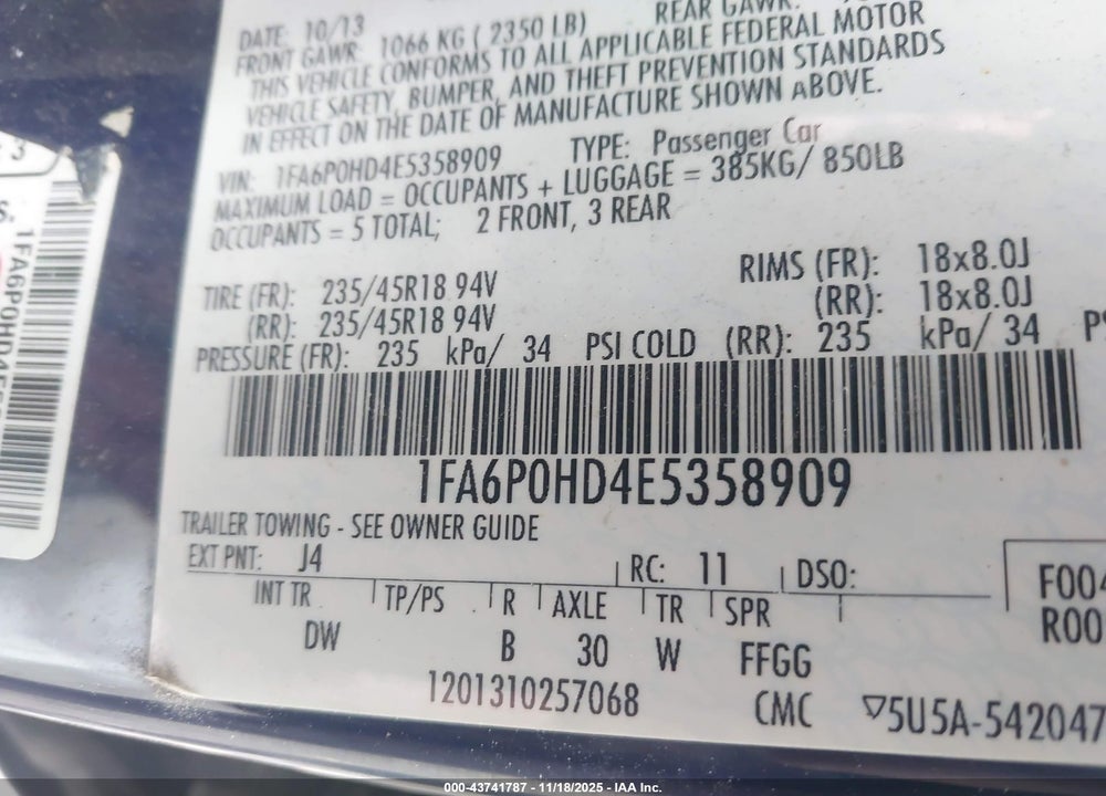 2014 FORD FUSION VIN: 1FA6P0HD4E5358909