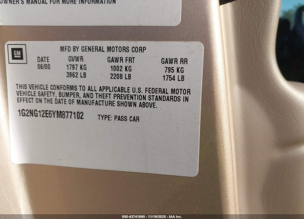 2000 PONTIAC GRAND AM SE2 VIN: 1G2NG12E6YM877102