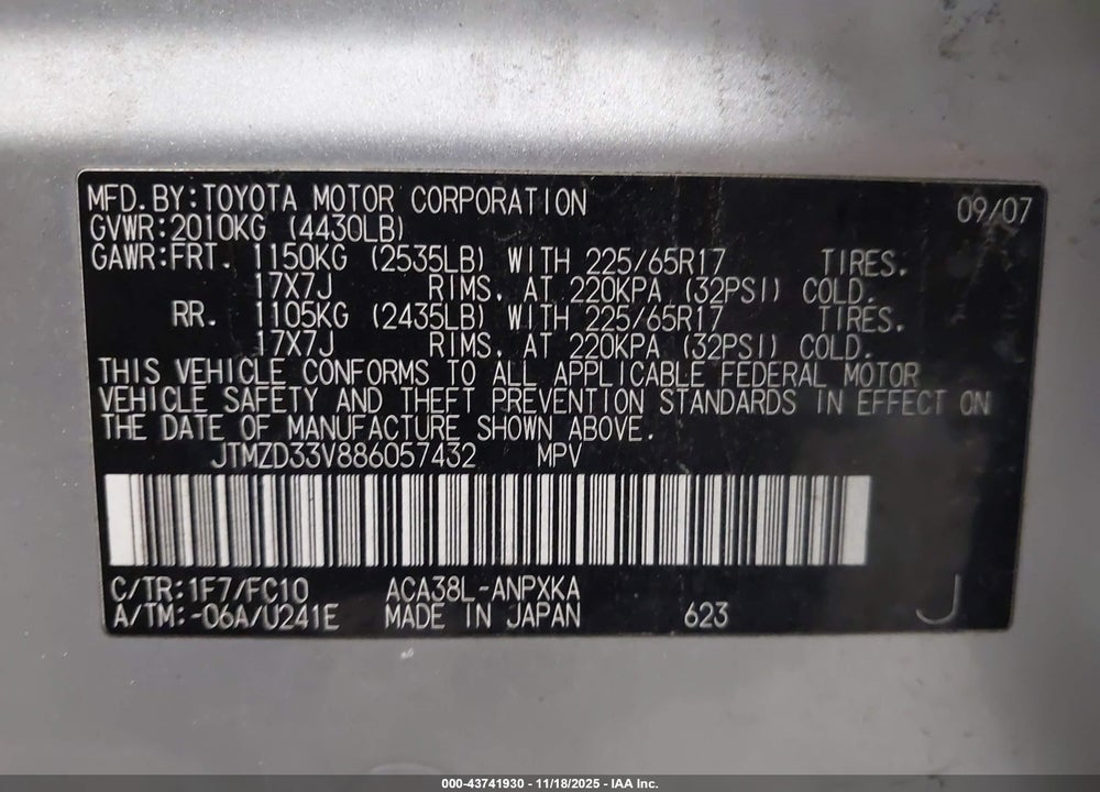 2008 TOYOTA RAV4 VIN: JTMZD33V886057432