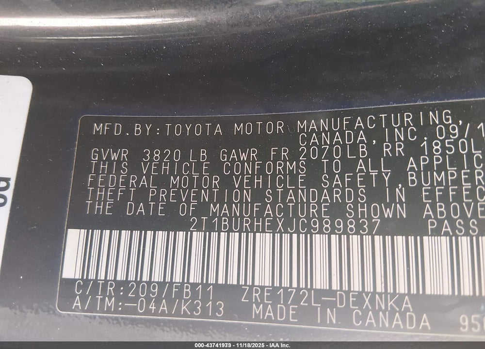 2018 TOYOTA COROLLA LE VIN: 2T1BURHEXJC989837
