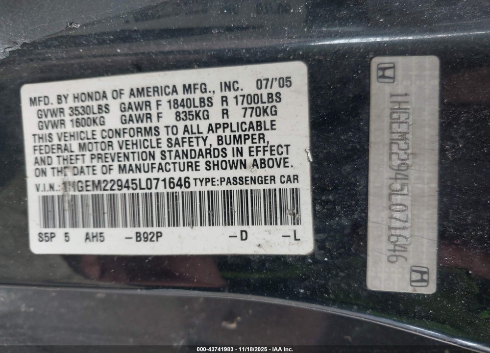 2005 HONDA CIVIC EX VIN: 1HGEM22945L071646