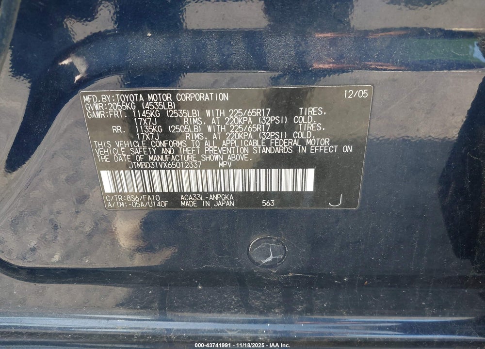 2006 TOYOTA RAV4 LIMITED VIN: JTMBD31VX65012337