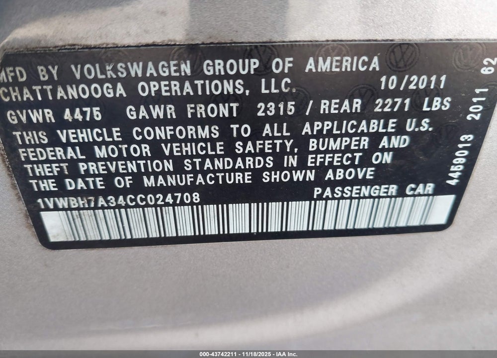 2012 VOLKSWAGEN PASSAT 2.5L SE VIN: 1VWBH7A34CC024708