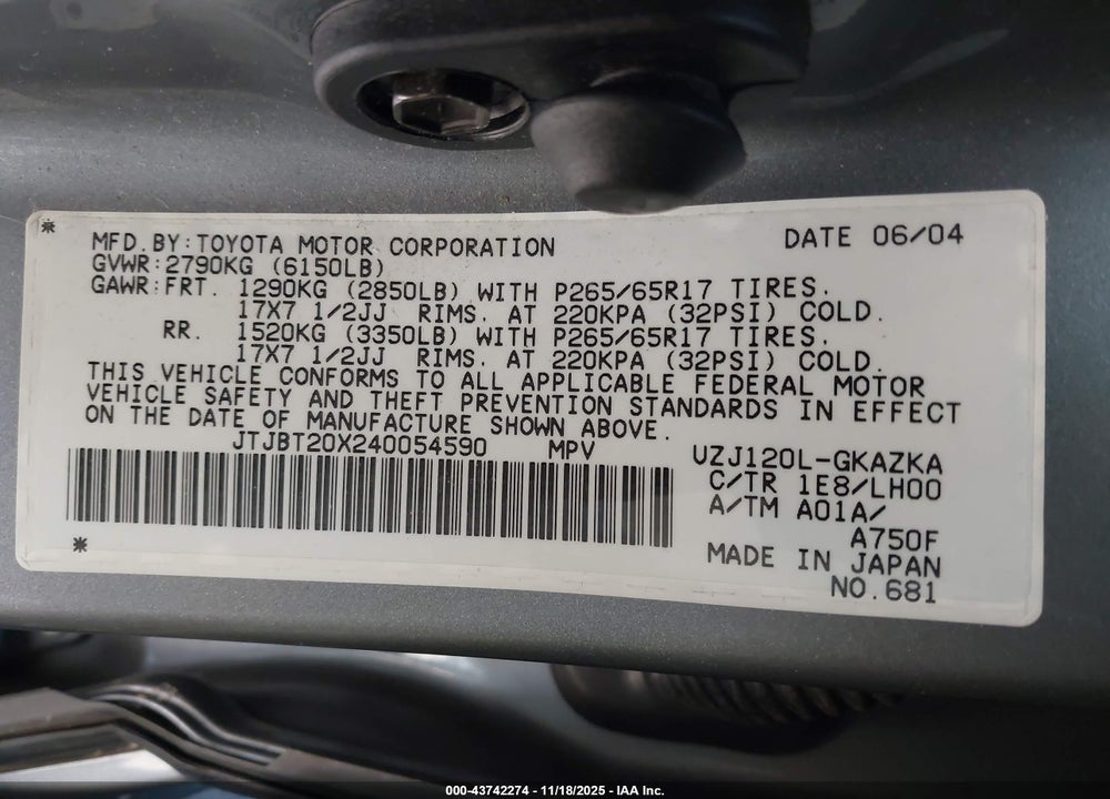 2004 LEXUS GX 470 VIN: JTJBT20X240054590