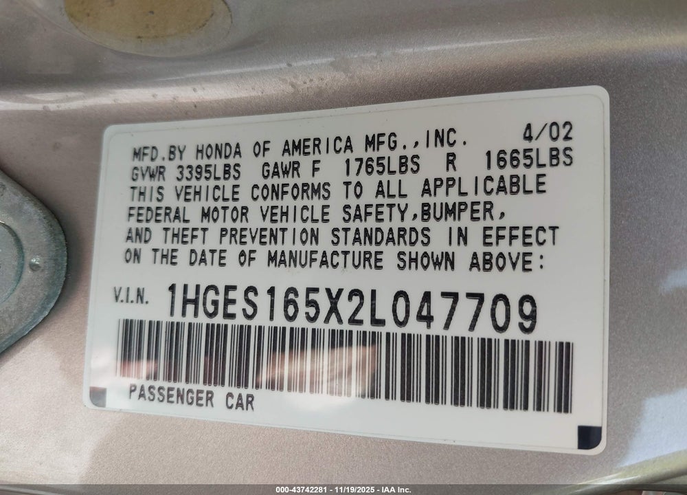 2002 HONDA CIVIC LX VIN: 1HGES165X2L047709