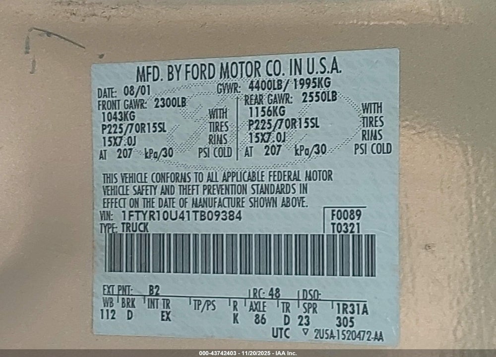 2001 FORD RANGER EDGE/XL/XLT VIN: 1FTYR10U41TB09384