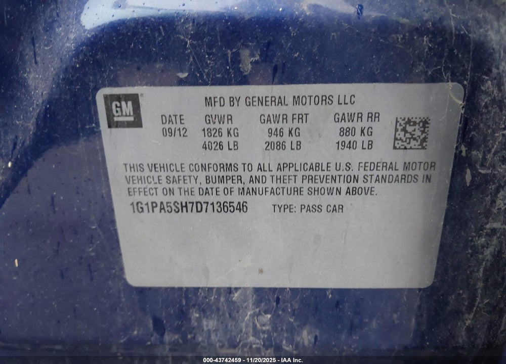 2013 CHEVROLET CRUZE LS AUTO VIN: 1G1PA5SH7D7136546