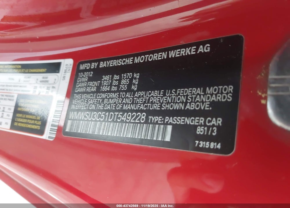 2013 MINI HARDTOP COOPER VIN: WMWSU3C51DT549228