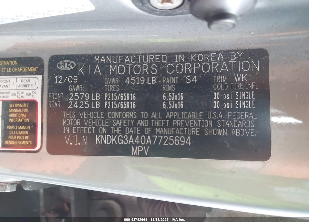 2010 KIA SPORTAGE LX VIN: KNDKG3A40A7725694