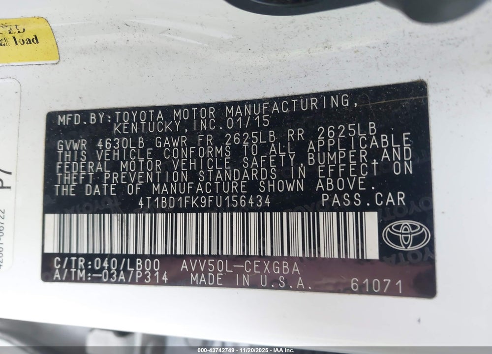 2015 TOYOTA CAMRY HYBRID XLE VIN: 4T1BD1FK9FU156434