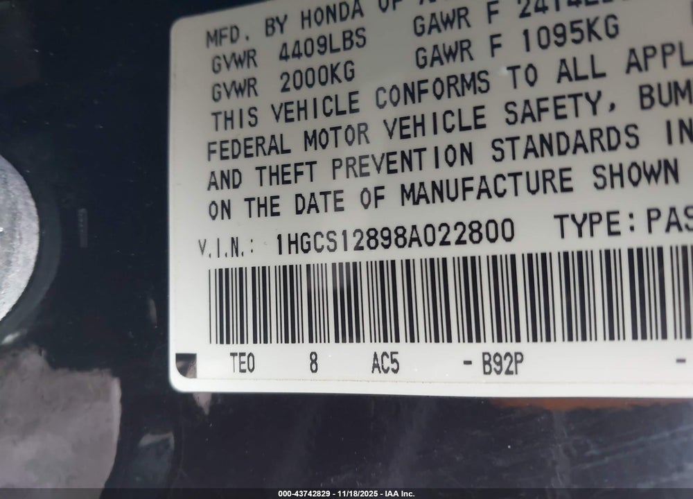 2008 HONDA ACCORD VIN: 1HGCS12898A022800