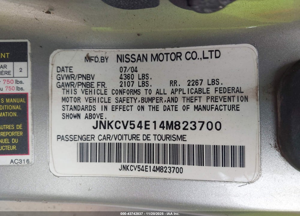 2004 INFINITI G35 VIN: JNKCV54E14M823700