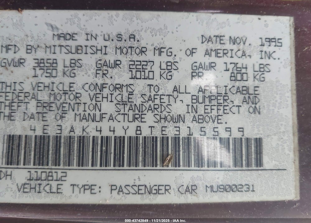 1996 EAGLE TALON ESI VIN: 4E3AK44Y8TE315599