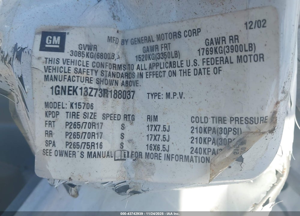 2003 CHEVROLET TAHOE Z71 VIN: 1GNEK13Z73R188037