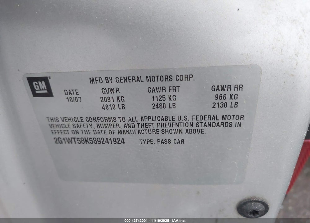 2008 CHEVROLET IMPALA VIN: 2G1WT58K589241924
