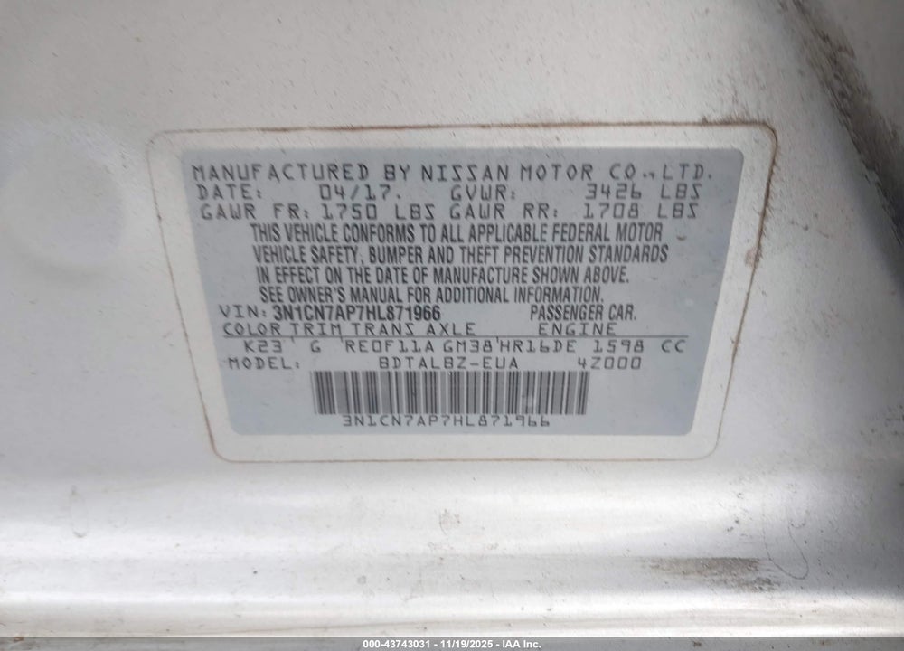 2017 NISSAN VERSA 1.6 SV VIN: 3N1CN7AP7HL871966