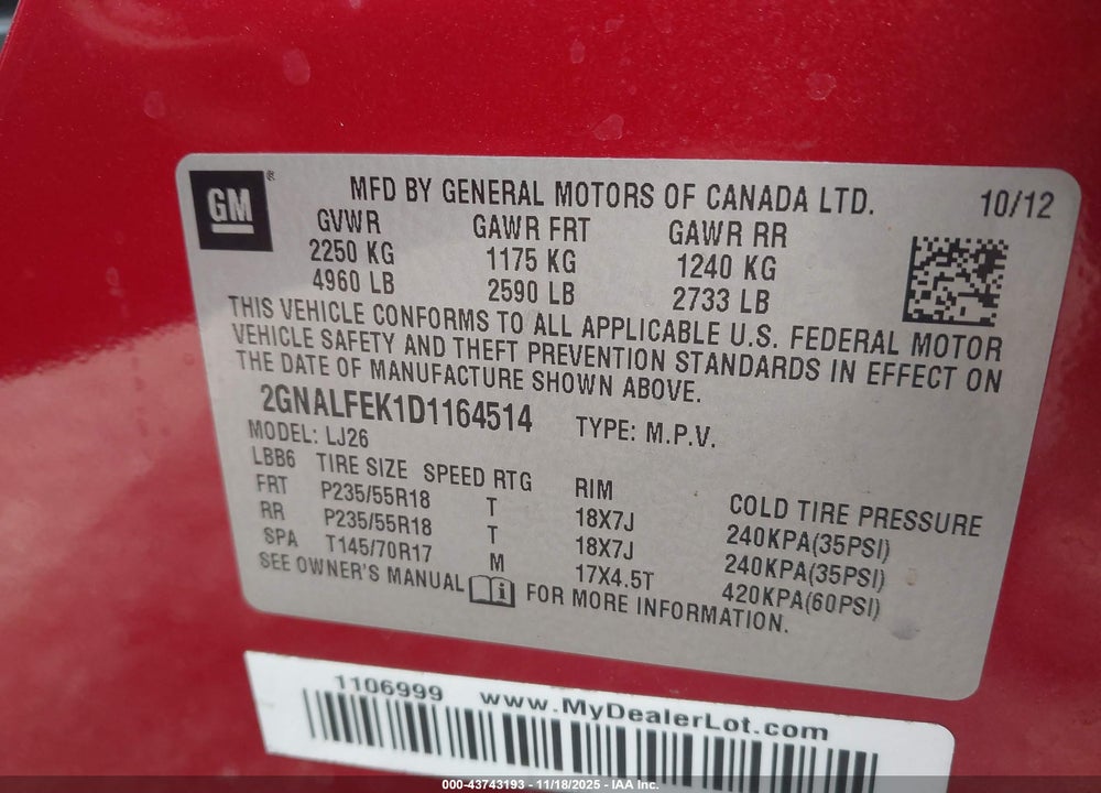 2013 CHEVROLET EQUINOX LTZ VIN: 2GNALFEK1D1164514