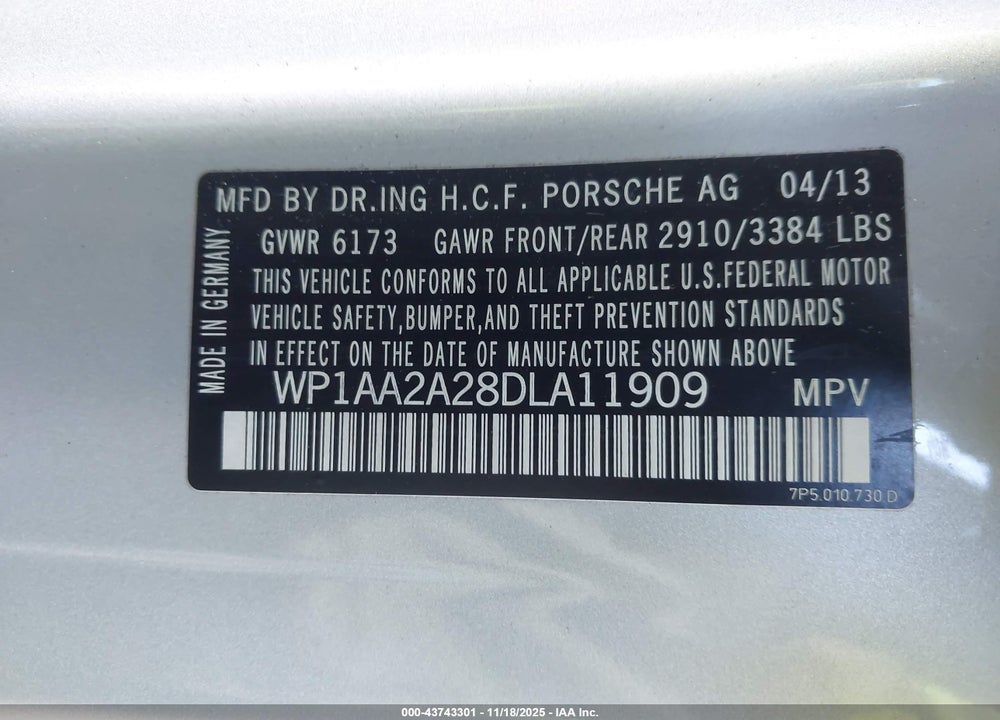 2013 PORSCHE CAYENNE VIN: WP1AA2A28DLA11909