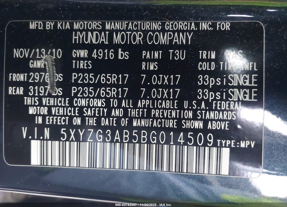 2011 HYUNDAI SANTA FE GLS VIN: 5XYZG3AB5BG014509
