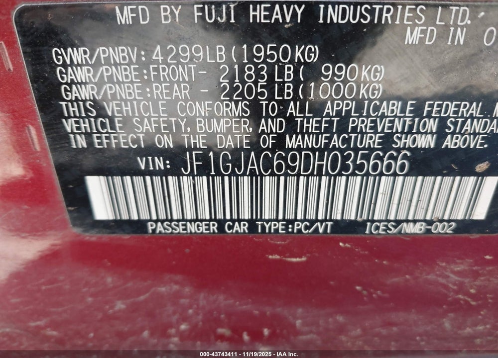 2013 SUBARU IMPREZA VIN: JF1GJAC69DH035666