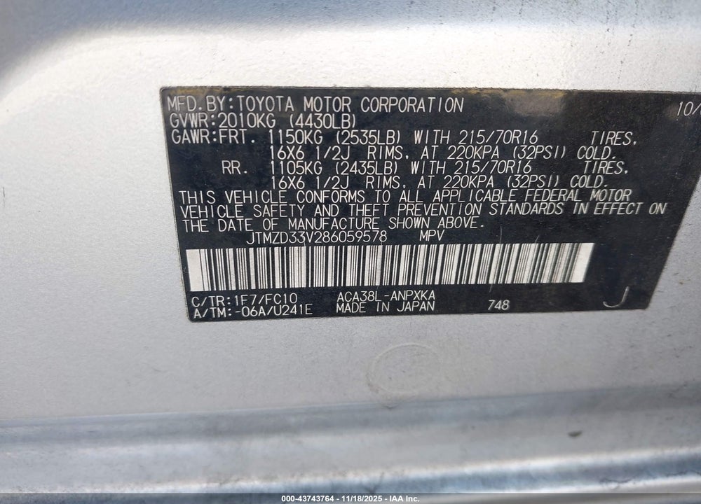 2008 TOYOTA RAV4 VIN: JTMZD33V286059578