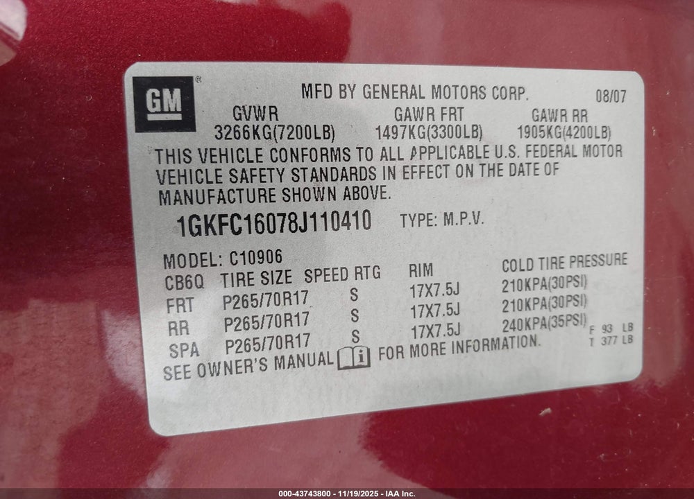 2008 GMC YUKON XL 1500 SLT VIN: 1GKFC16078J110410