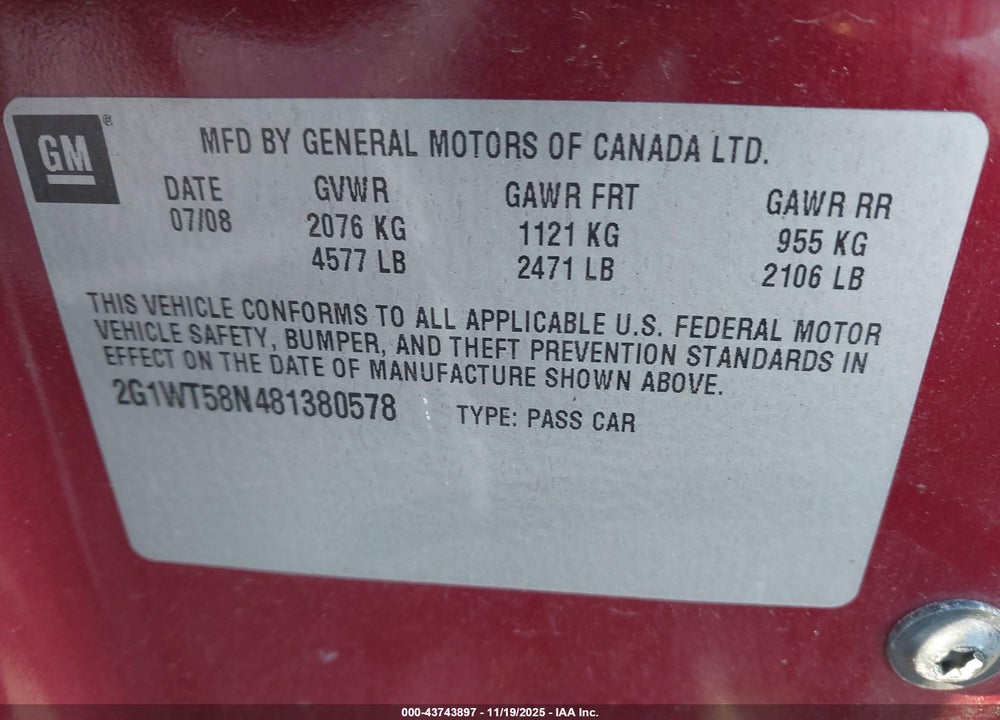 2008 CHEVROLET IMPALA LT VIN: 2G1WT58N481380578