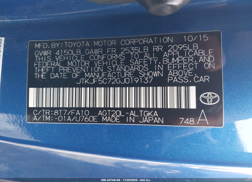 2016 SCION TC VIN: JTKJF5C72GJ019137