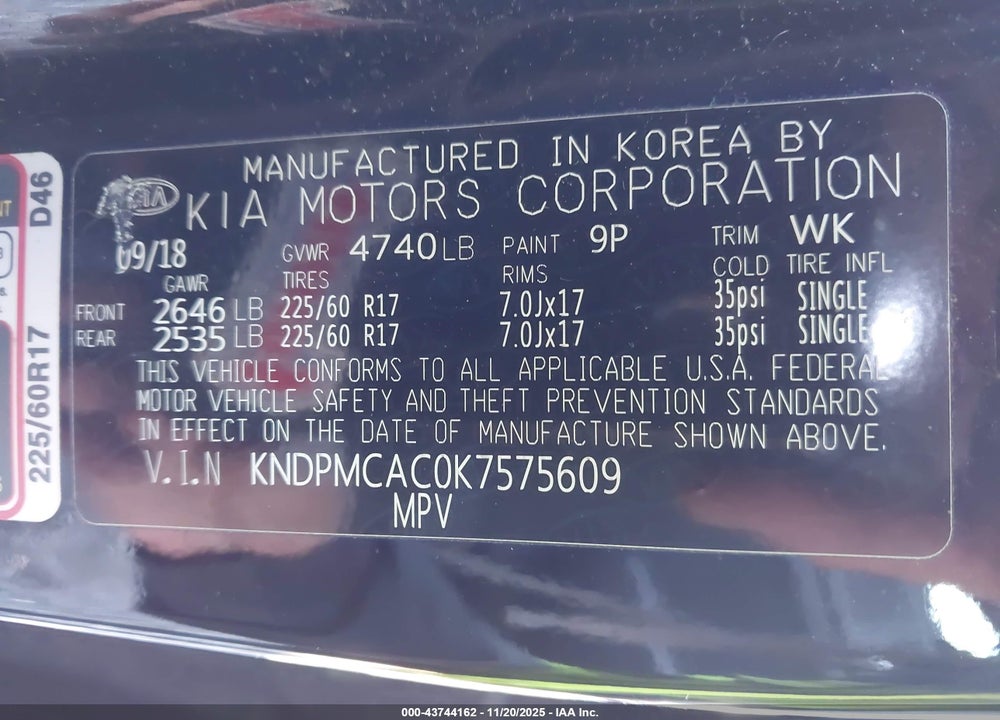 2019 KIA SPORTAGE LX VIN: KNDPMCAC0K7575609