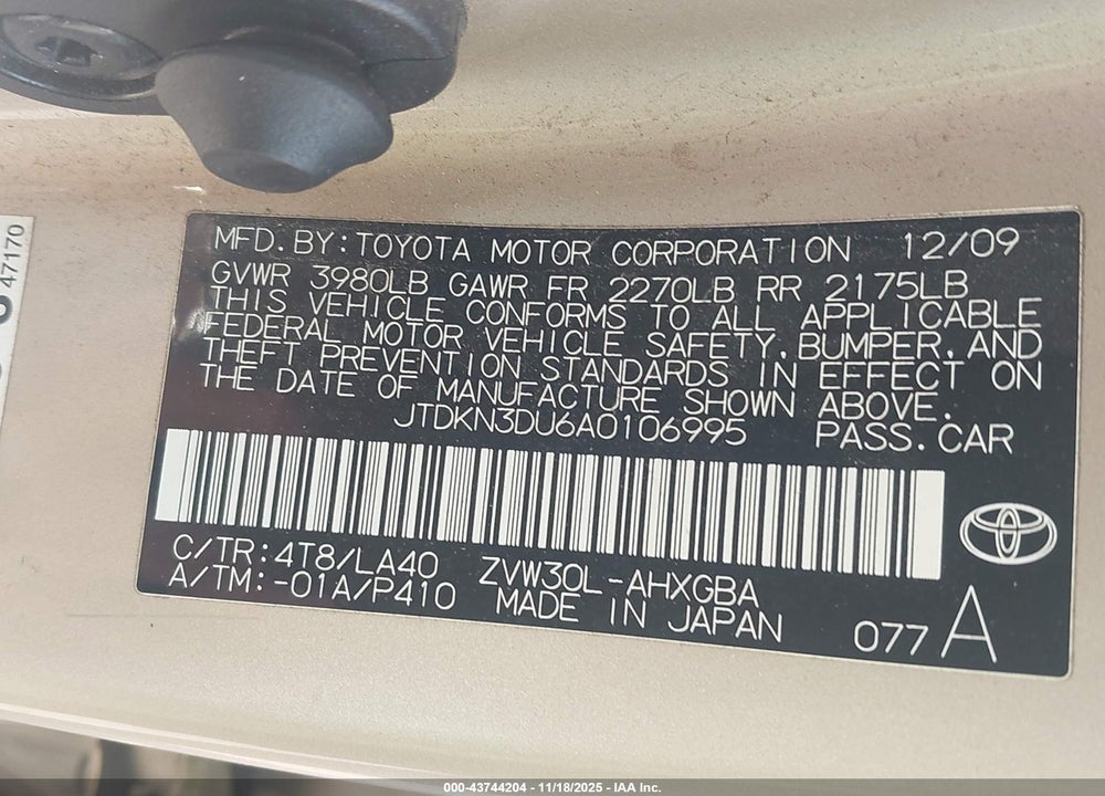 2010 TOYOTA PRIUS IV VIN: JTDKN3DU6A0106995
