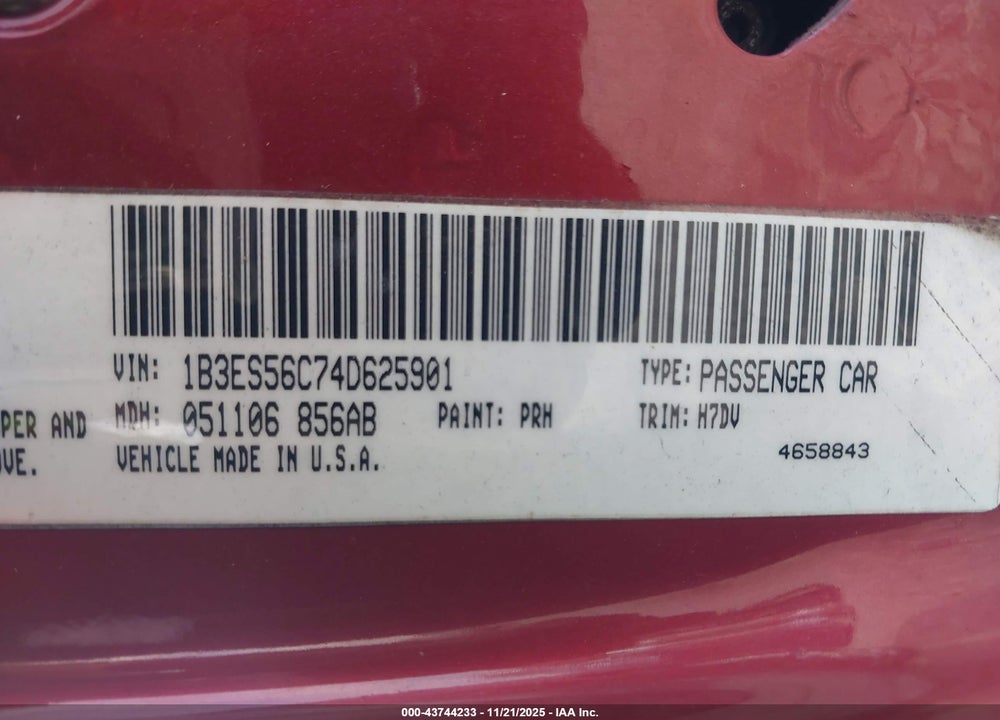 2004 DODGE NEON SXT VIN: 1B3ES56C74D625901