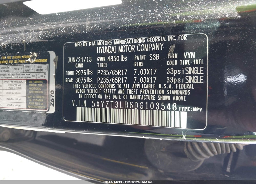 2013 HYUNDAI SANTA FE SPORT VIN: 5XYZT3LB6DG103548