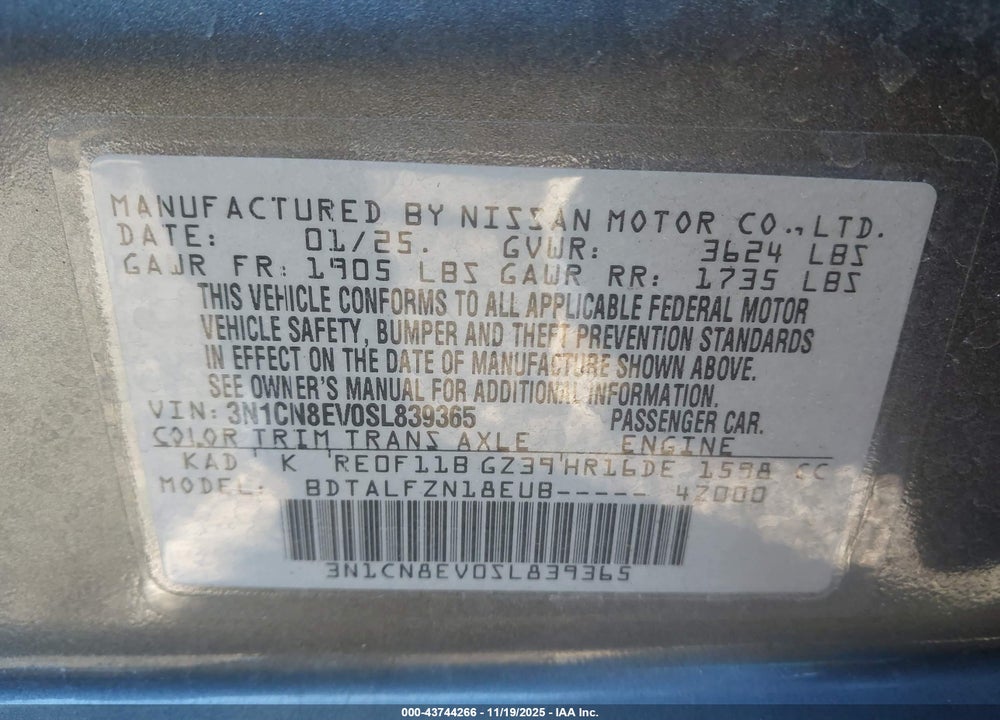 2025 NISSAN VERSA VIN: 3N1CN8EV0SL839365