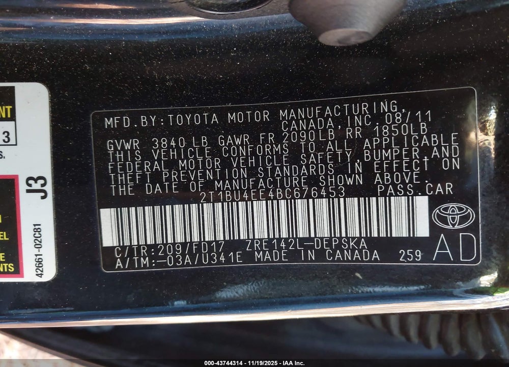 2011 TOYOTA COROLLA S VIN: 2T1BU4EE4BC676453