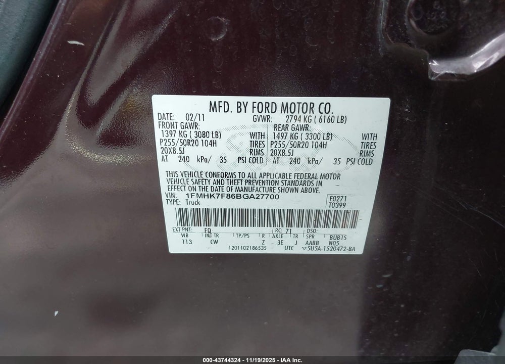 2011 FORD EXPLORER LIMITED VIN: 1FMHK7F86BGA27700