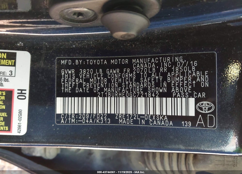 2016 TOYOTA COROLLA S PLUS VIN: 2T1BURHE0GC721842