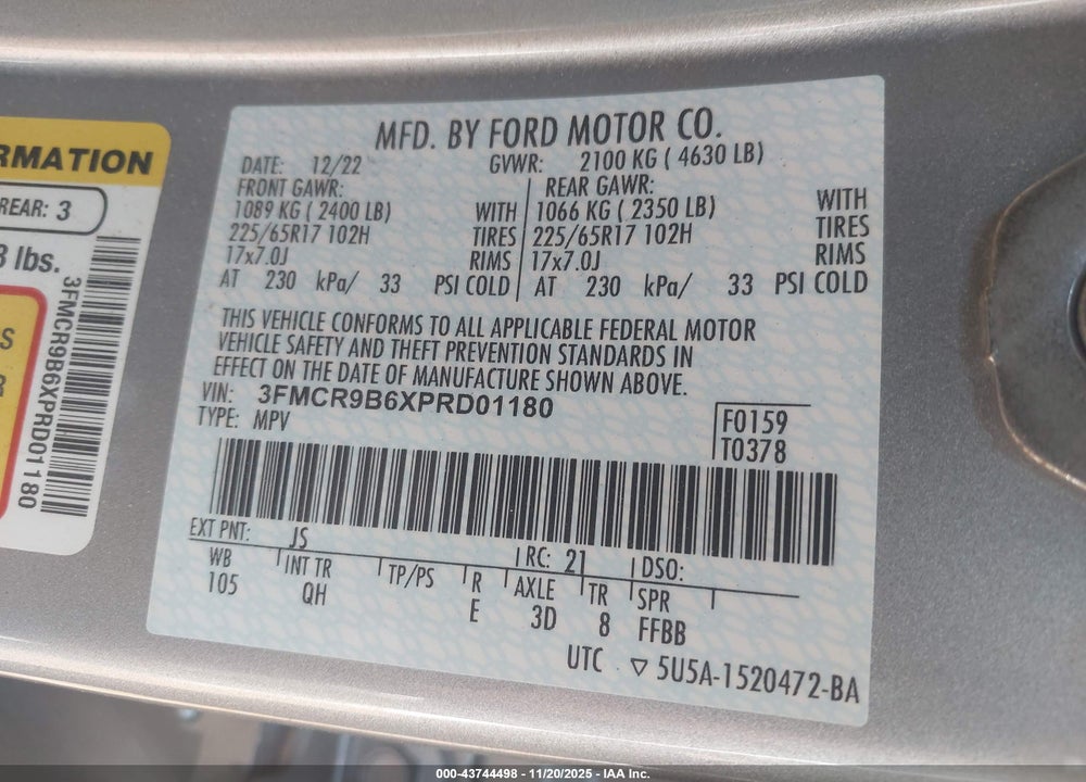 2023 FORD BRONCO SPORT BIG BEND VIN: 3FMCR9B6XPRD01180