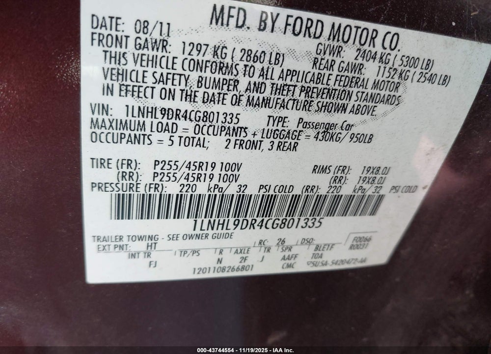 2012 LINCOLN MKS VIN: 1LNHL9DR4CG801335