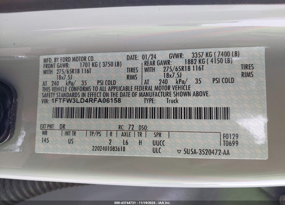 2024 FORD F-150 XLT VIN: 1FTFW3LD4RFA06158
