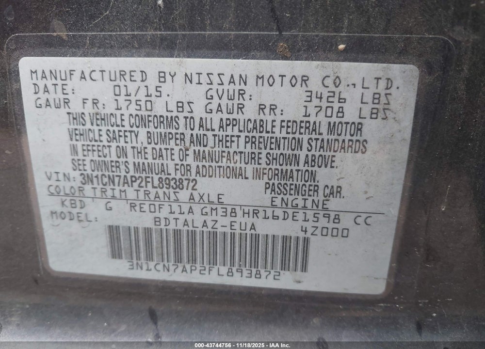 2015 NISSAN VERSA 1.6 S+ VIN: 3N1CN7AP2FL893872
