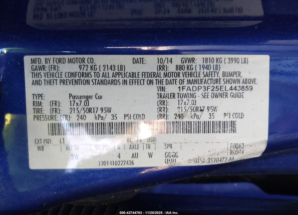 2014 FORD FOCUS VIN: 1FADP3F25EL443859