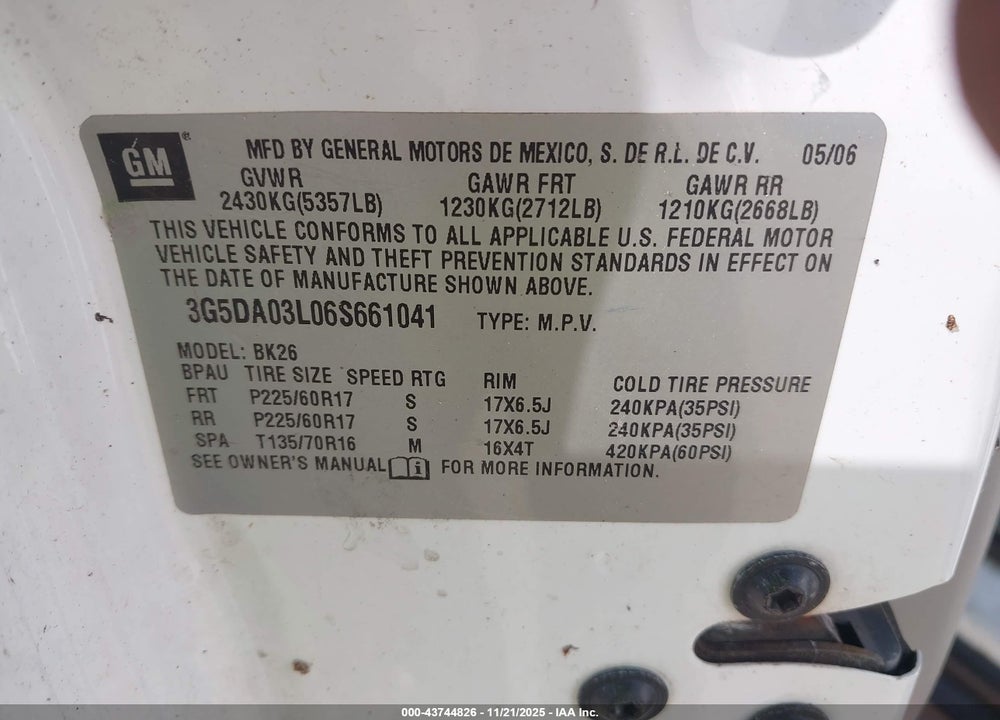 2006 BUICK RENDEZVOUS CX VIN: 3G5DA03L06S661041