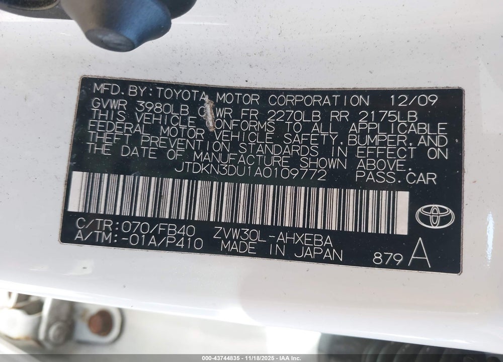 2010 TOYOTA PRIUS VIN: JTDKN3DU1A0109772