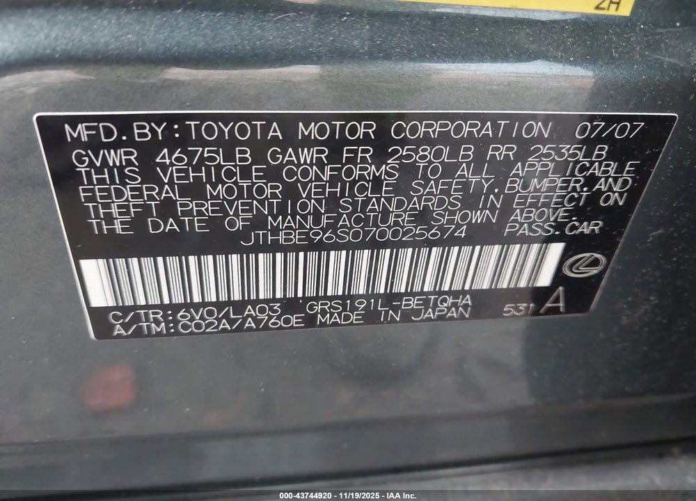 2007 LEXUS GS 350 VIN: JTHBE96S070025674
