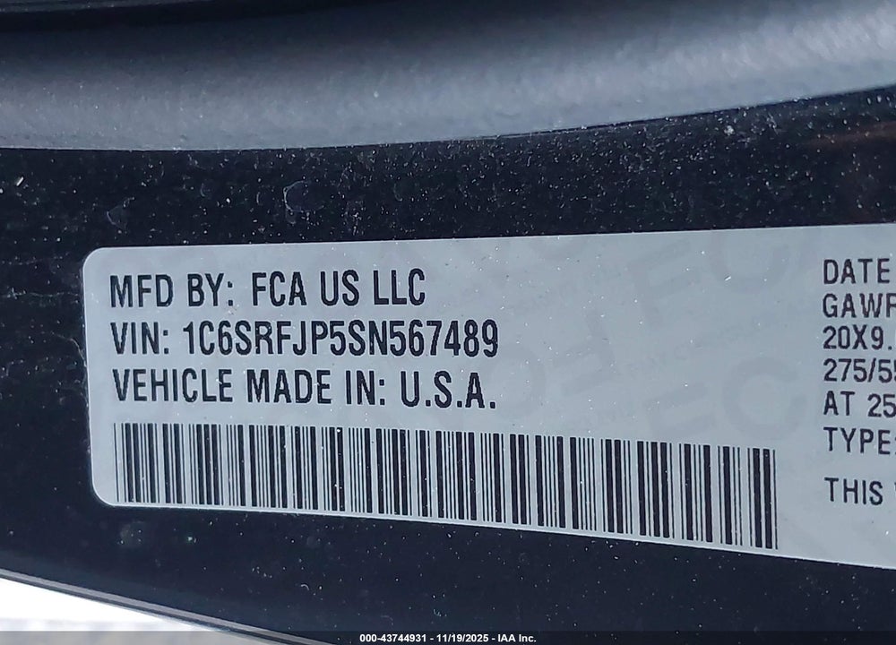 2025 RAM 1500 VIN: 1C6SRFJP5SN567489