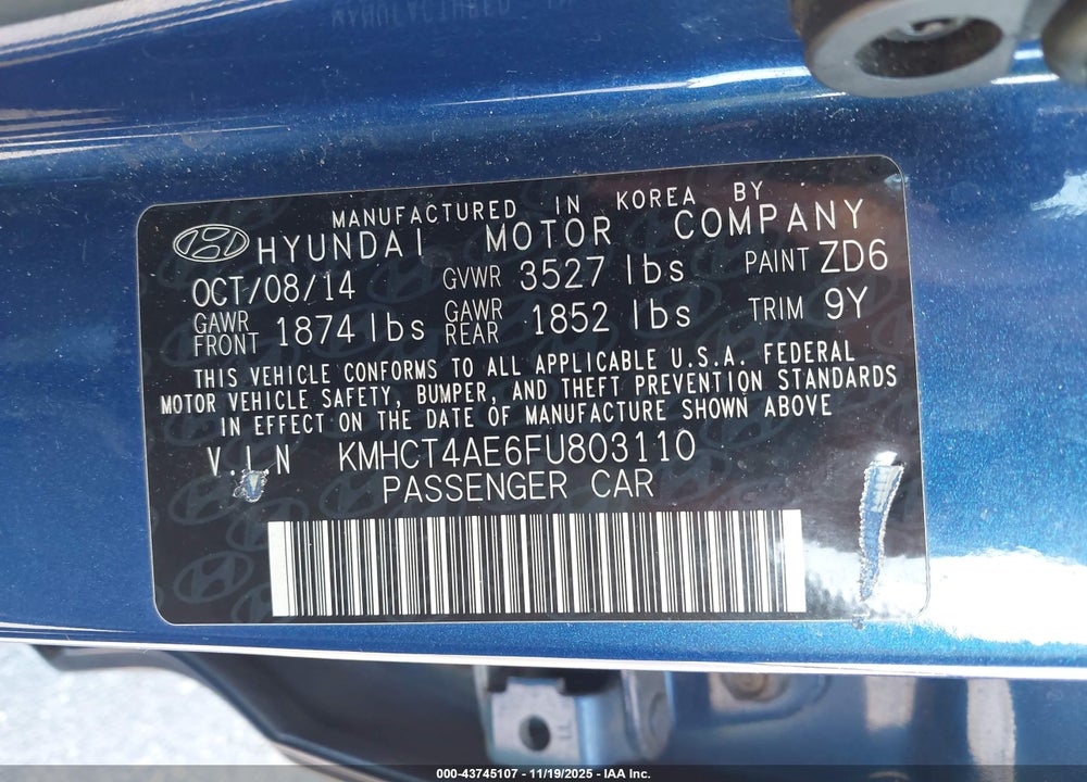 2015 HYUNDAI ACCENT VIN: KMHCT4AE6FU803110