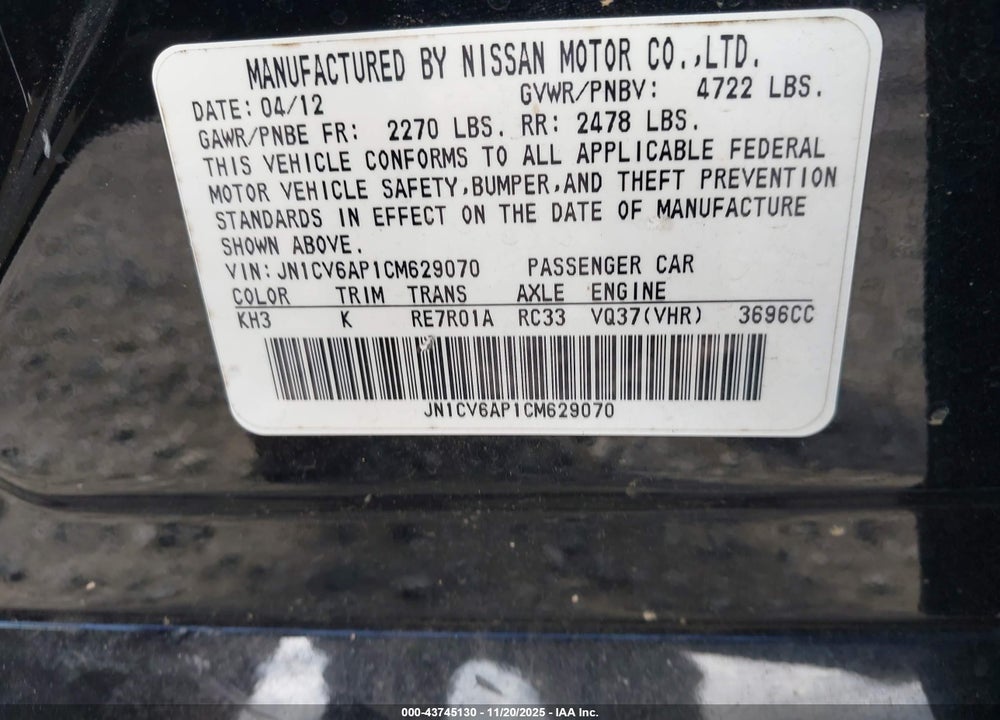 2012 INFINITI G37 JOURNEY VIN: JN1CV6AP1CM629070